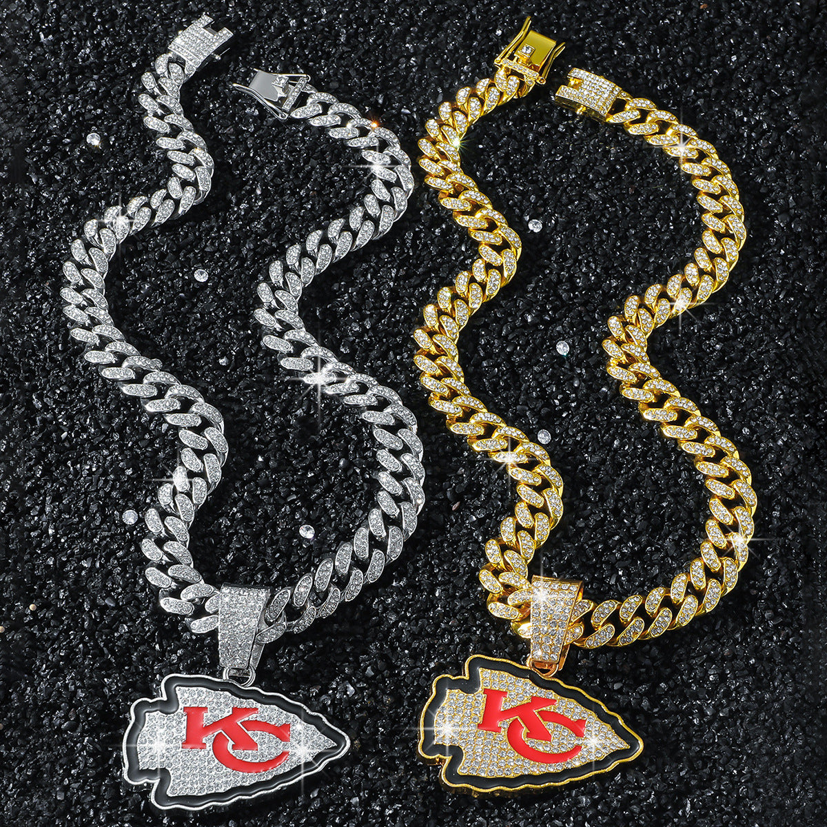 Kansas City Chiefs necklace two-color set: one silver-tone and one gold-tone necklace