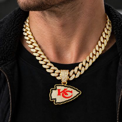 Kansas City Chiefs gold-tone rhinestone Cuban-link necklace, worn view