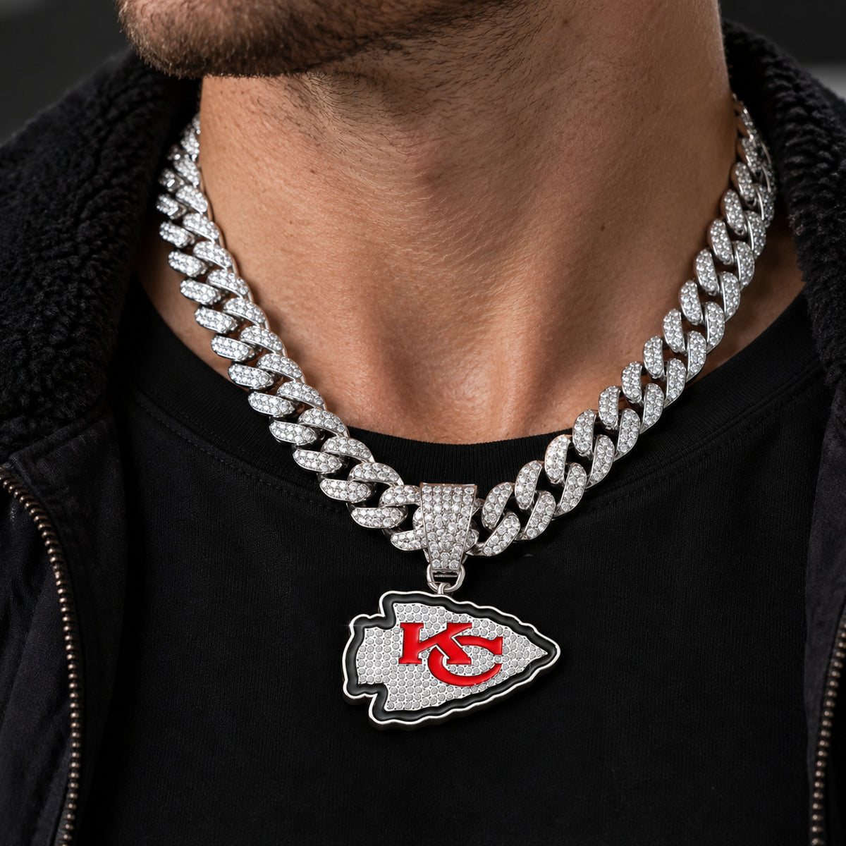 Kansas City Chiefs silver-tone rhinestone Cuban-link necklace, worn view