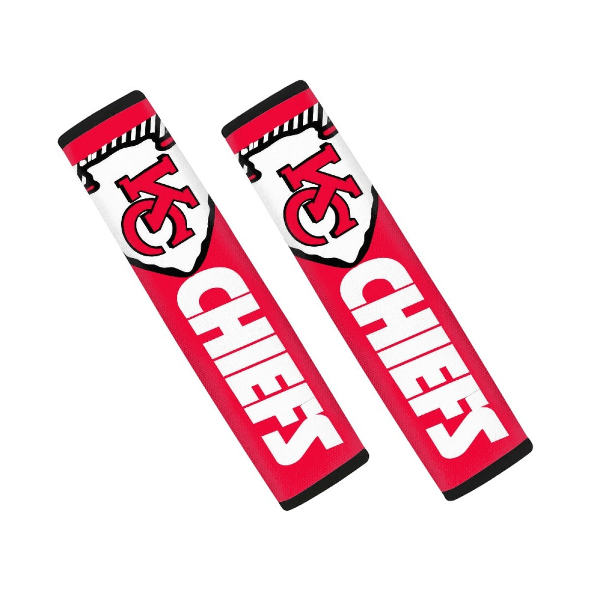 Pair of Kansas City Chiefs seat belt and backpack shoulder strap covers on a white background