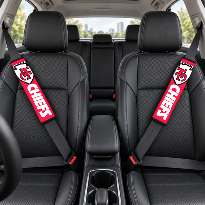 Kansas City Chiefs car seat belt covers shown on two front seat belts