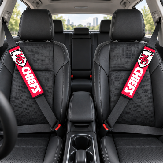 Kansas City Chiefs car seat belt covers shown on two front seat belts