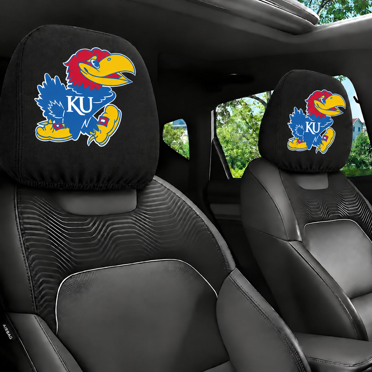 Kansas Jayhawks car headrest cover, Style 1 team design, installed in car