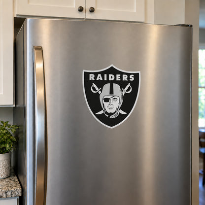 Las Vegas Raiders decorative sticker displayed on a stainless-steel refrigerator