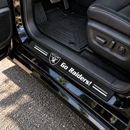 Las Vegas Raiders carbon fiber texture car door sill protector strips installed on a black car