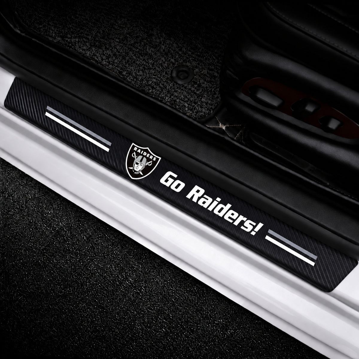 Las Vegas Raiders car door sill protector strips — vehicle installation view