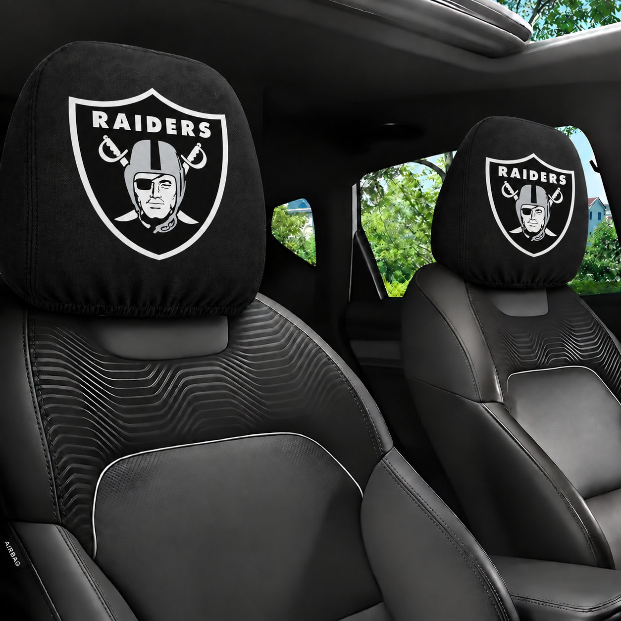 Las Vegas Raiders car headrest cover, Style 1 logo design, installed in car