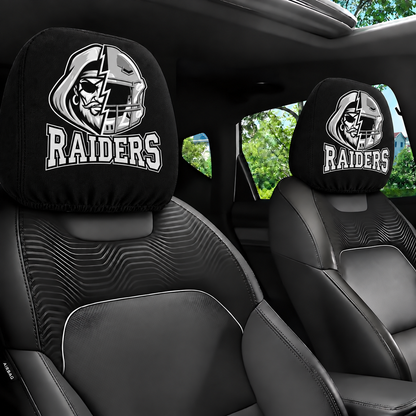 Las Vegas Raiders car headrest cover, Style 2 illustrated mascot design, installed in car