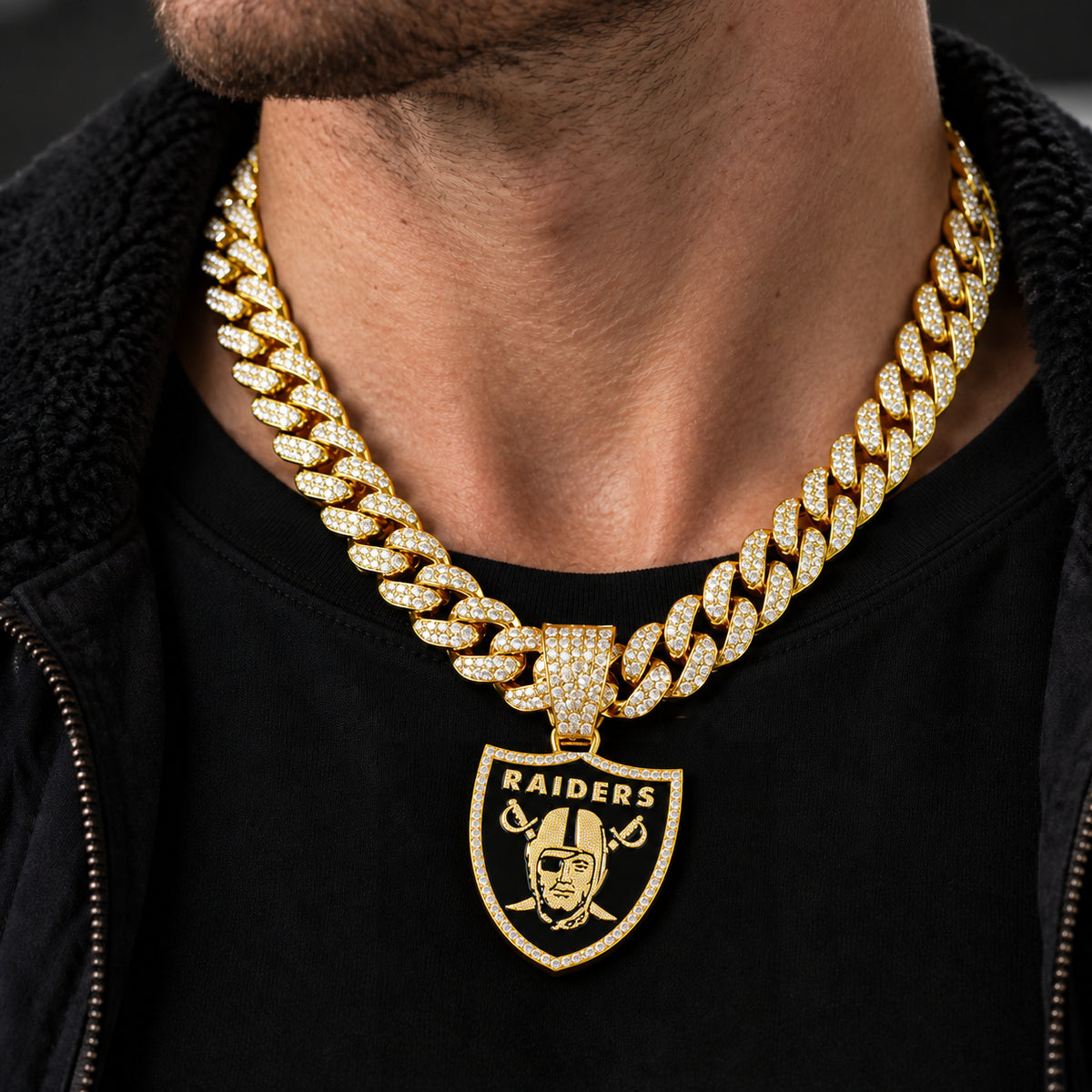 Las Vegas Raiders gold-tone rhinestone Cuban-link necklace, worn view