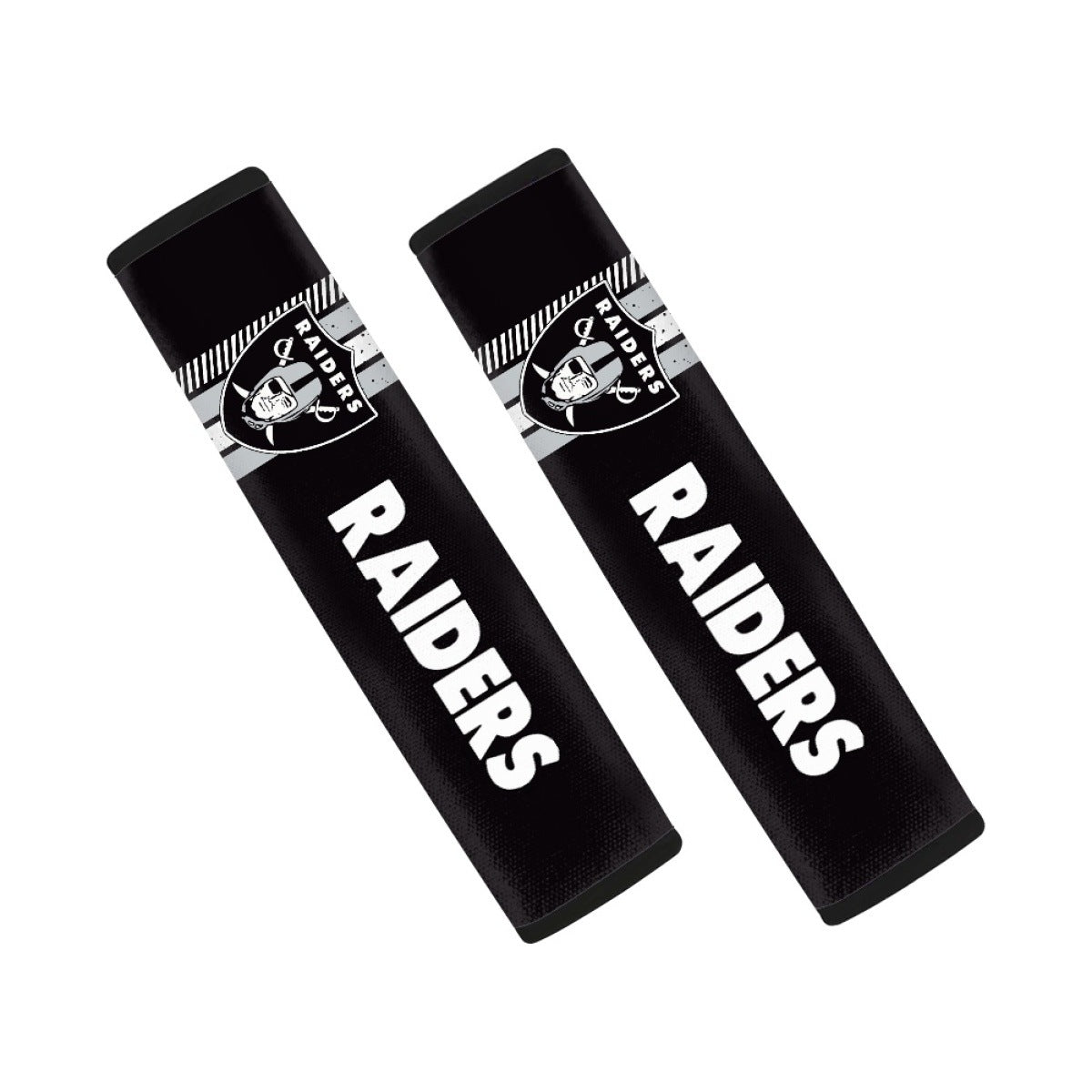 Pair of Las Vegas Raiders seat belt and backpack shoulder strap covers on a white background