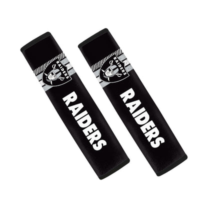 Pair of Las Vegas Raiders seat belt and backpack shoulder strap covers on a white background