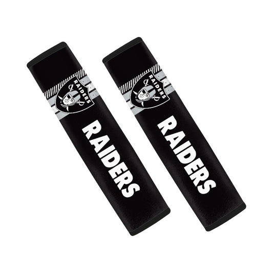 Pair of Las Vegas Raiders seat belt and backpack shoulder strap covers on a white background