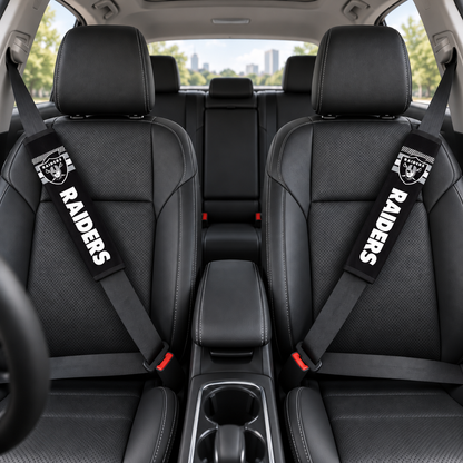 Las Vegas Raiders car seat belt covers shown on two front seat belts