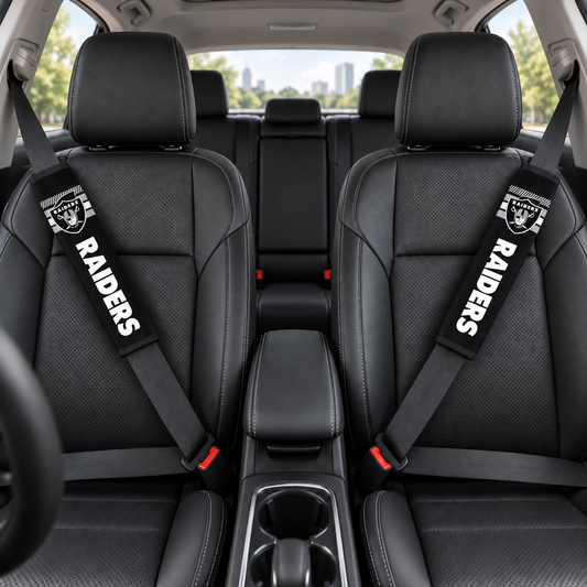 Las Vegas Raiders car seat belt covers shown on two front seat belts