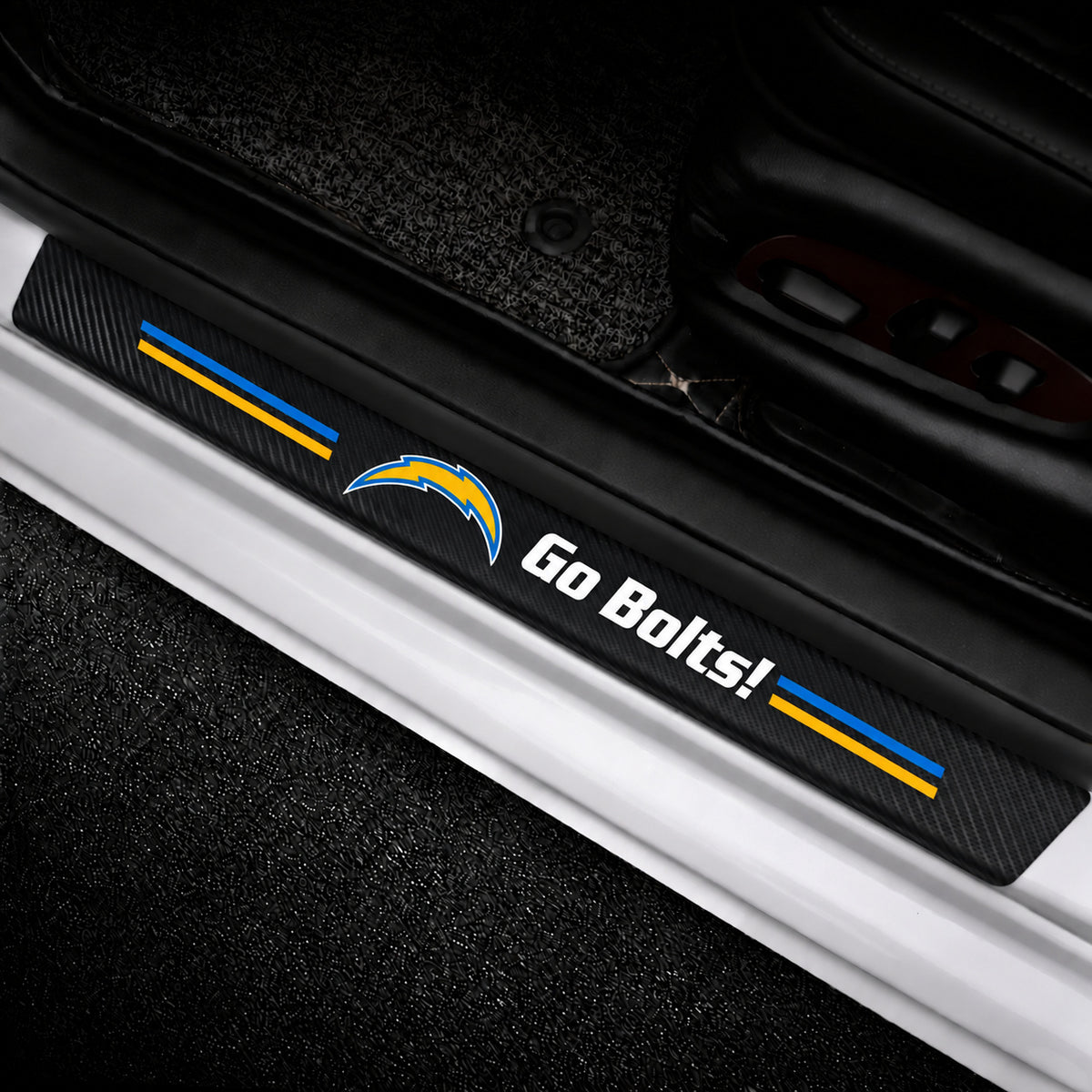 Los Angeles Chargers car door sill protector strips — vehicle installation view