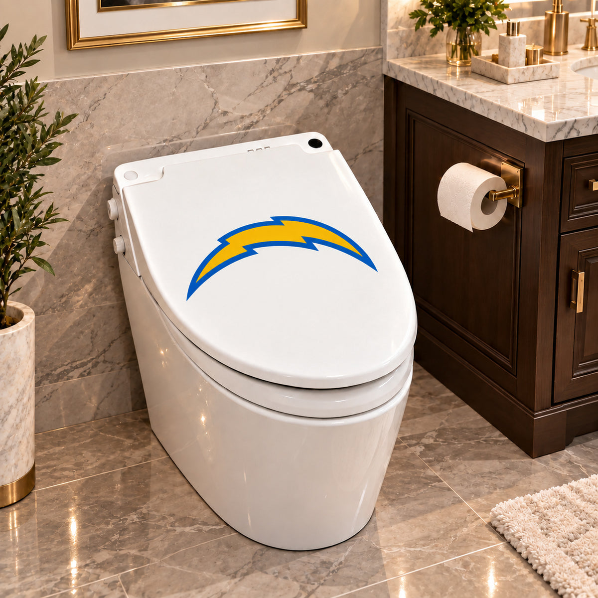 Los Angeles Chargers decorative sticker on a closed white toilet lid in a marble bathroom