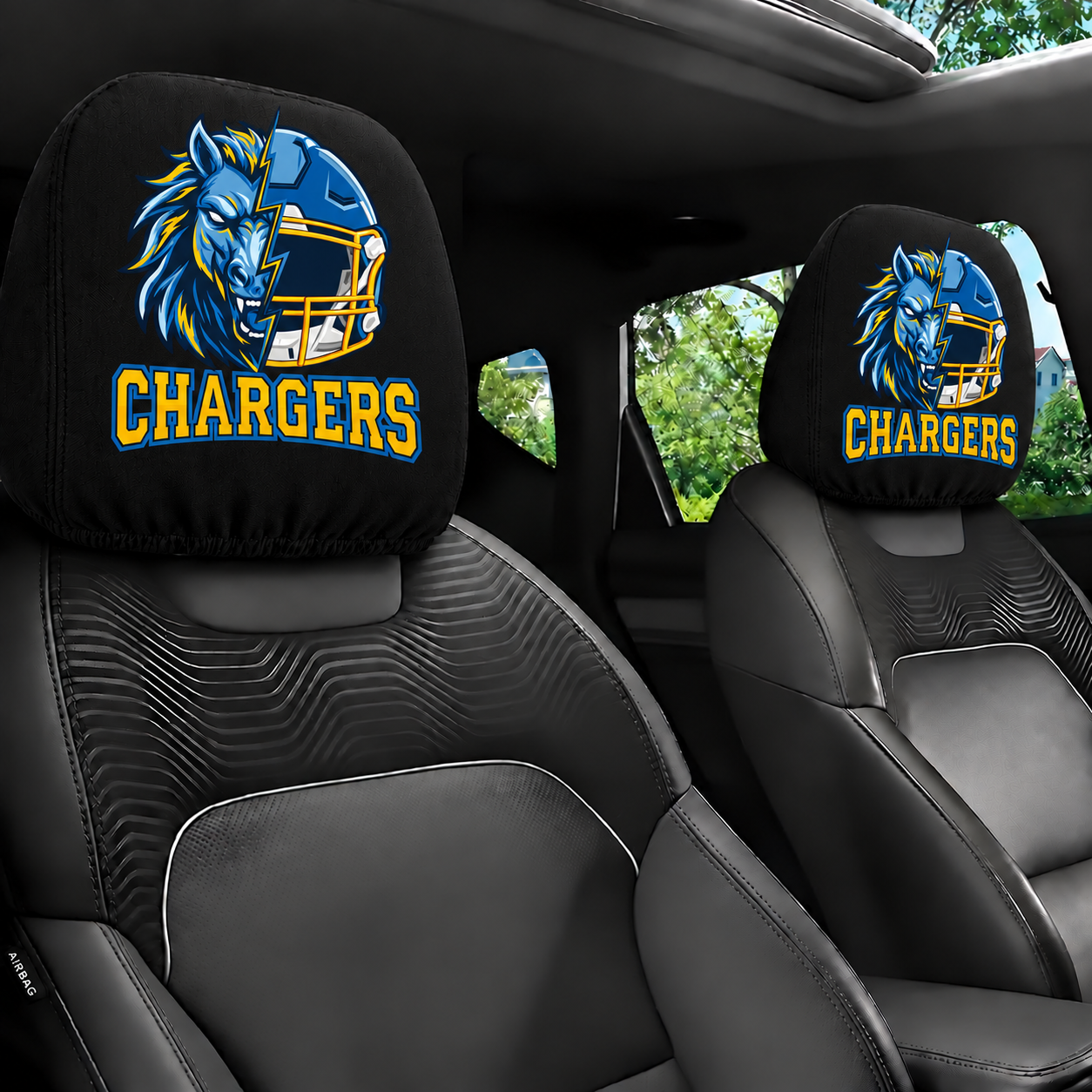 Los Angeles Chargers car headrest cover, Style 2 illustrated mascot design, installed in car