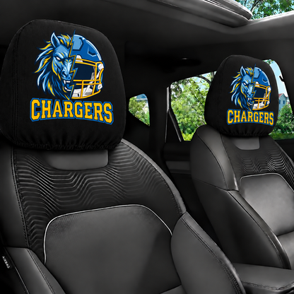 Los Angeles Chargers car headrest cover, Style 2 illustrated mascot design, installed in car