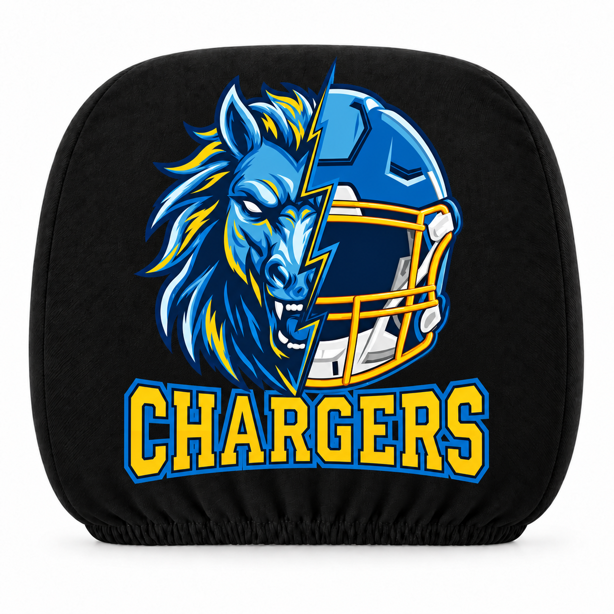 Los Angeles Chargers car headrest cover, Style 2 illustrated mascot design, white background