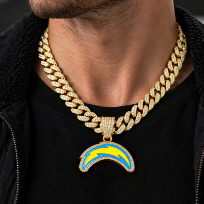 Los Angeles Chargers gold-tone rhinestone Cuban-link necklace, worn view