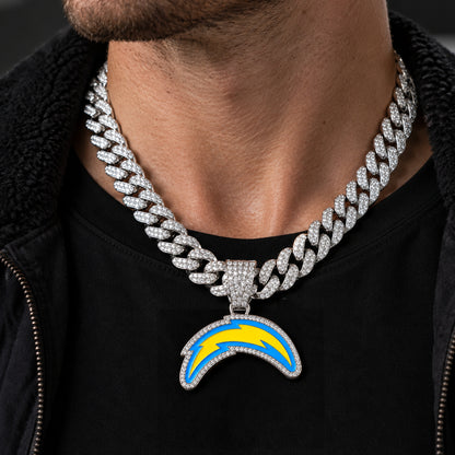 Los Angeles Chargers silver-tone rhinestone Cuban-link necklace, worn view