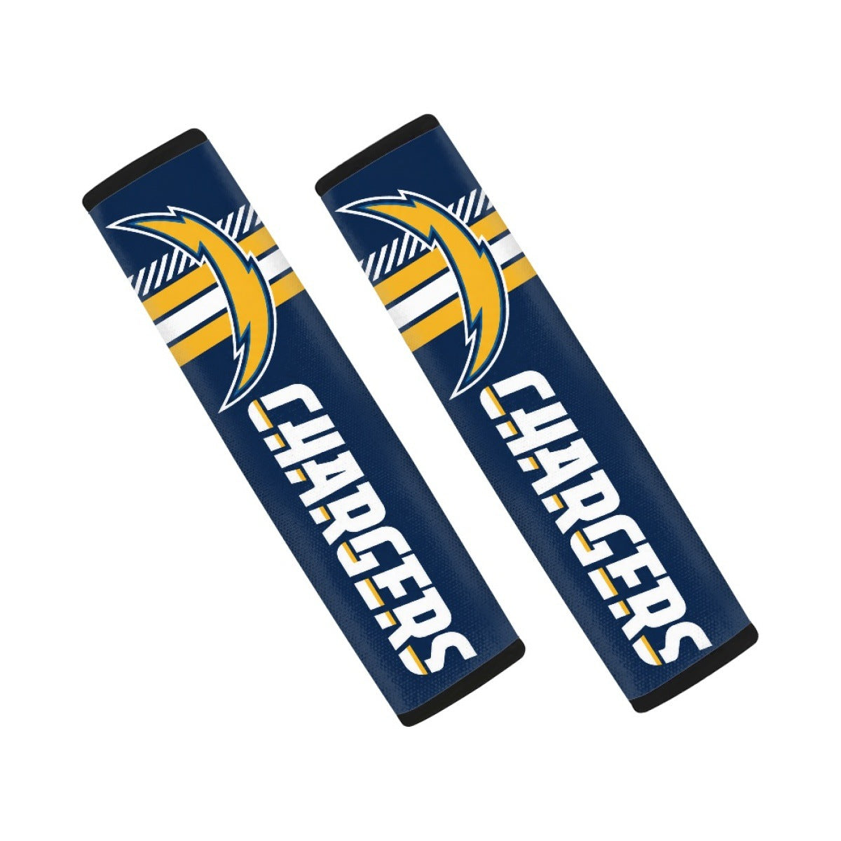 Pair of Los Angeles Chargers seat belt and backpack shoulder strap covers on a white background