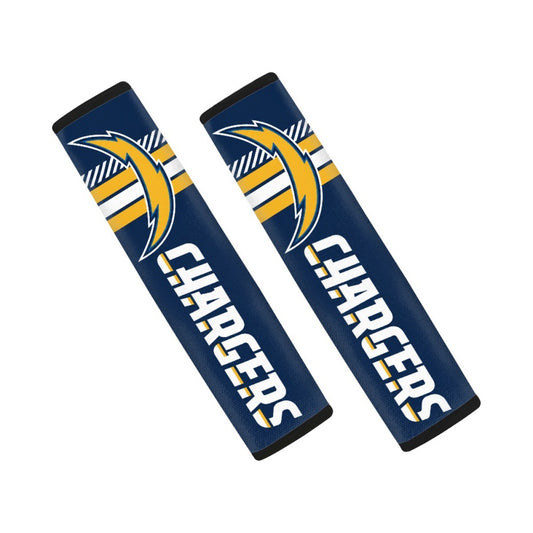 Pair of Los Angeles Chargers seat belt and backpack shoulder strap covers on a white background