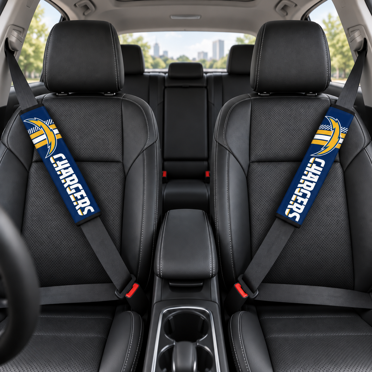 Los Angeles Chargers car seat belt covers shown on two front seat belts