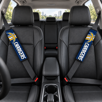 Los Angeles Chargers car seat belt covers shown on two front seat belts
