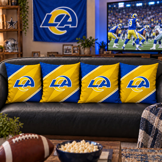 Matching Los Angeles Rams sofa cushion covers shown in a living-room styling example