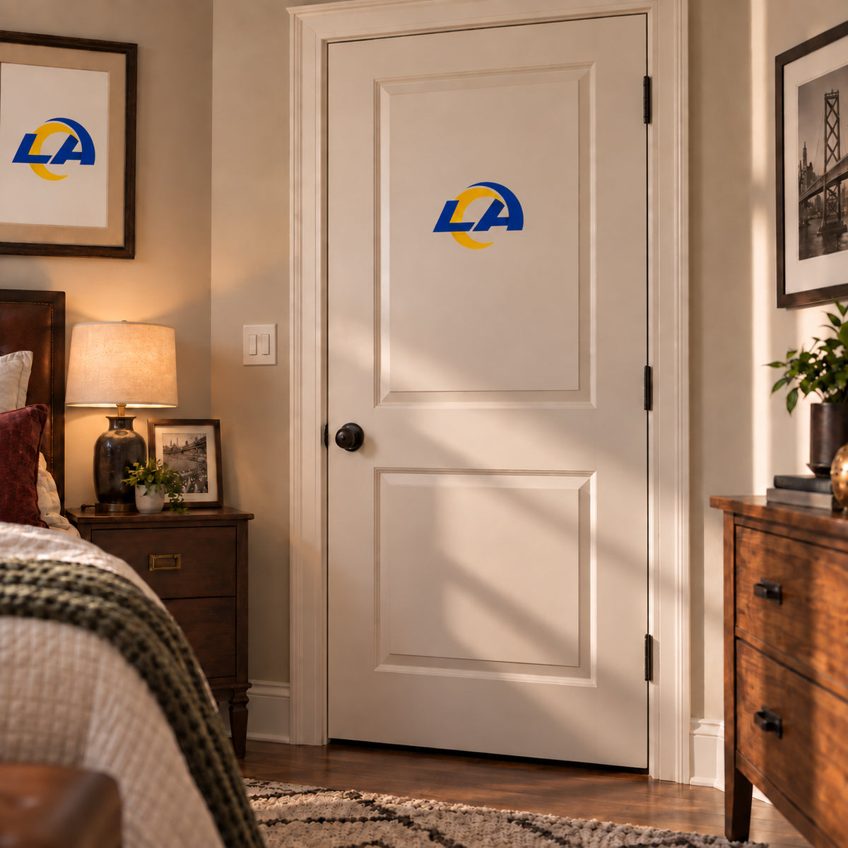 Los Angeles Rams decorative sticker on an interior door, corrected 29 cm proportion