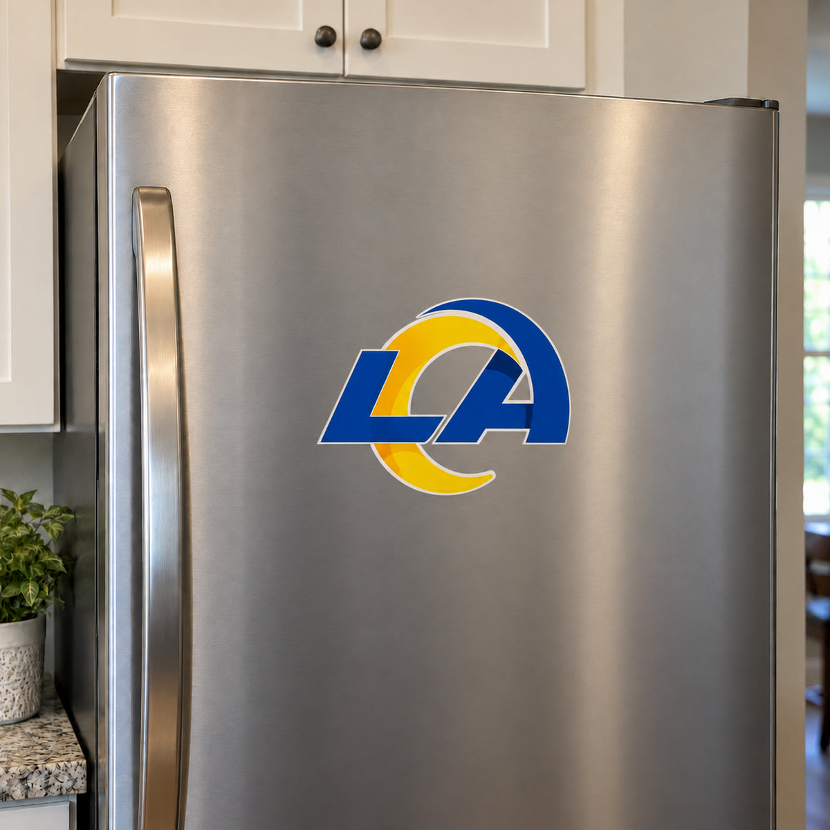 Los Angeles Rams decorative sticker displayed on a stainless-steel refrigerator