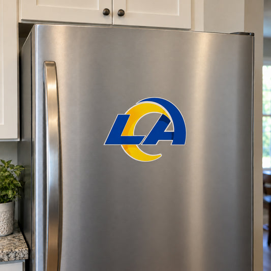 Los Angeles Rams decorative sticker displayed on a stainless-steel refrigerator