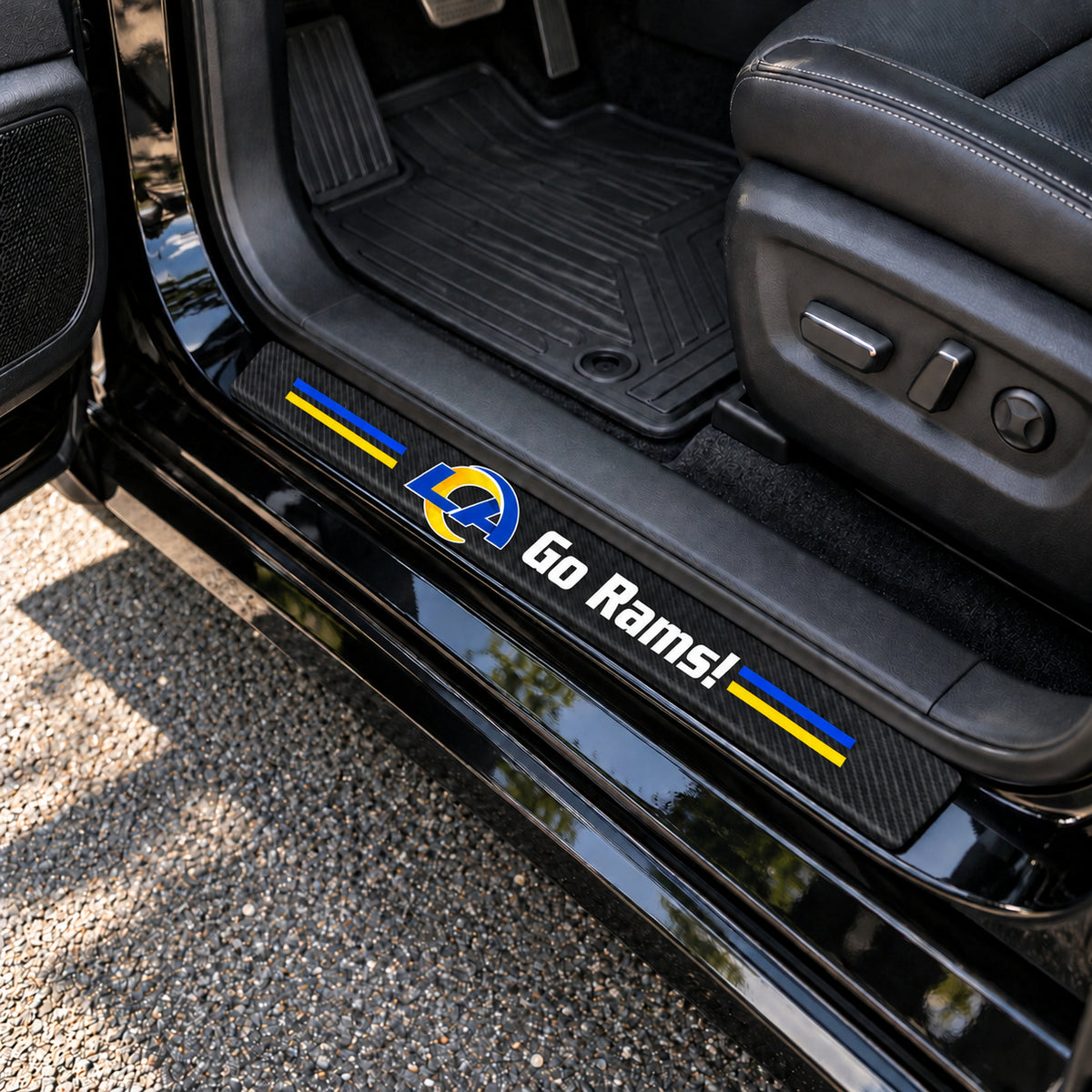 Los Angeles Rams carbon fiber texture car door sill protector strips installed on a black car