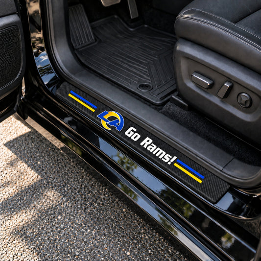 Los Angeles Rams carbon fiber texture car door sill protector strips installed on a black car