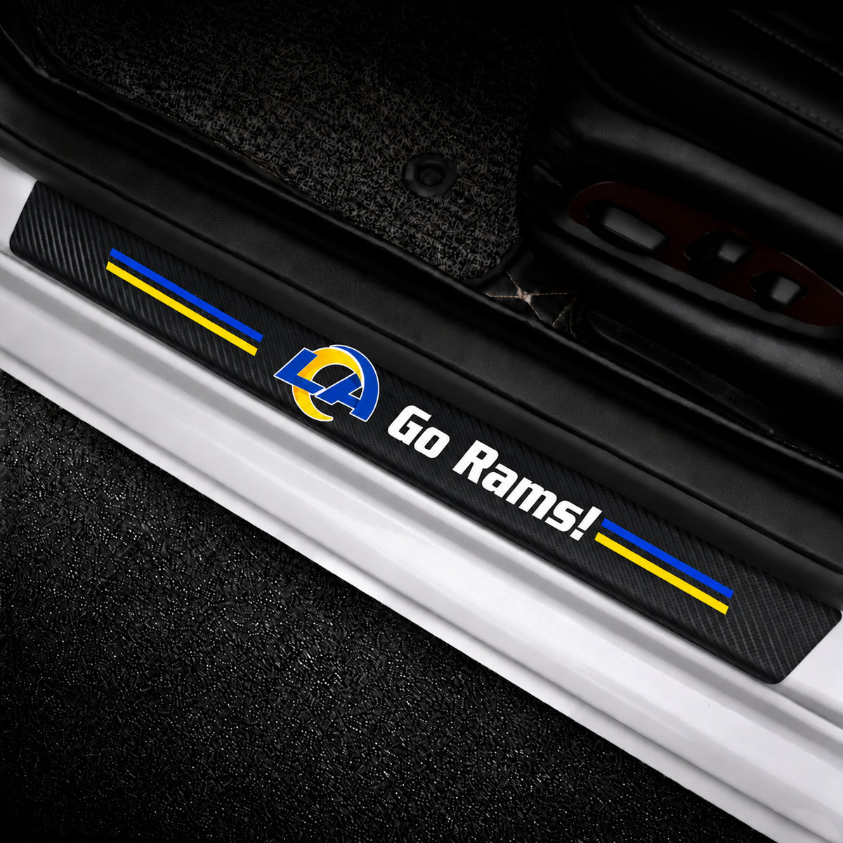Los Angeles Rams car door sill protector strips — vehicle installation view