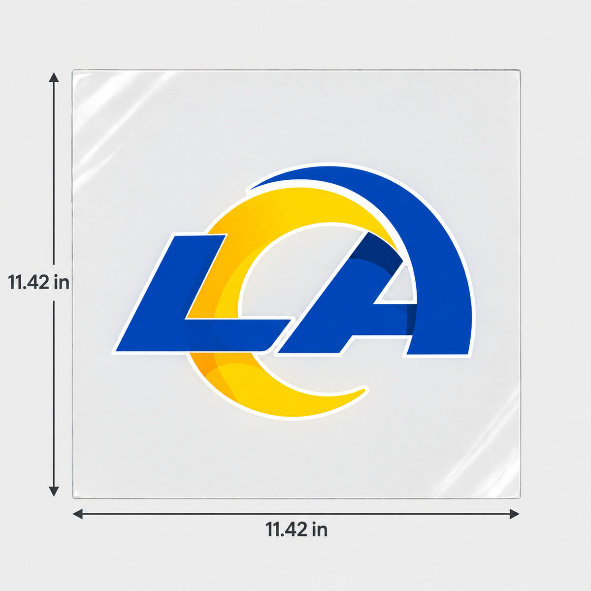 Los Angeles Rams decorative sticker displayed on clear film with size markings