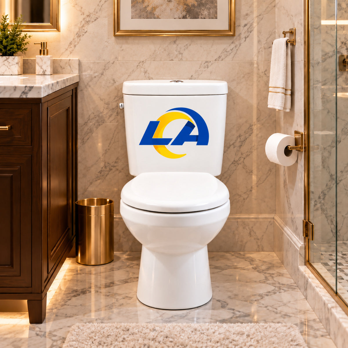 Los Angeles Rams decorative sticker on a white toilet tank in a marble bathroom