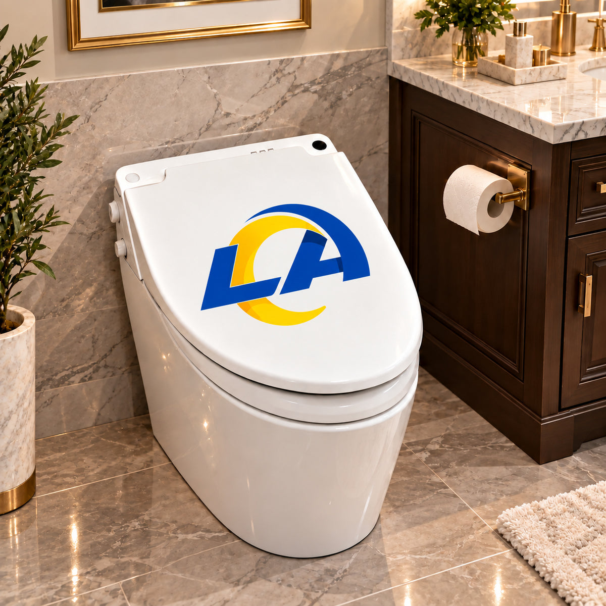 Los Angeles Rams decorative sticker on a closed white toilet lid in a marble bathroom