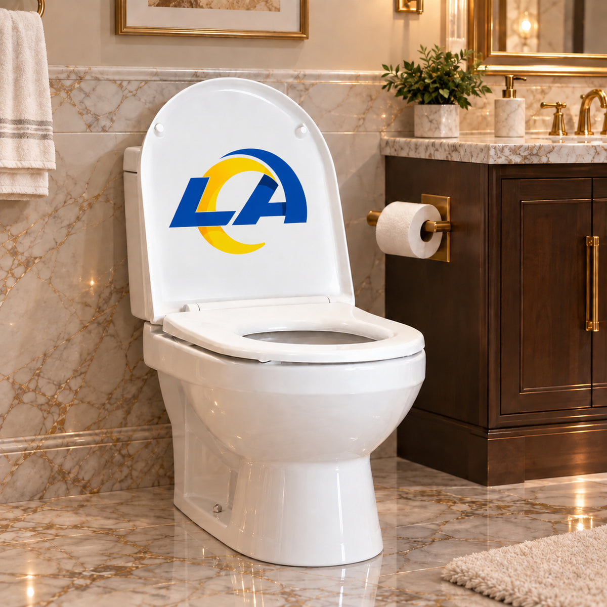 Los Angeles Rams decorative sticker on the inside of a white toilet lid in a marble bathroom