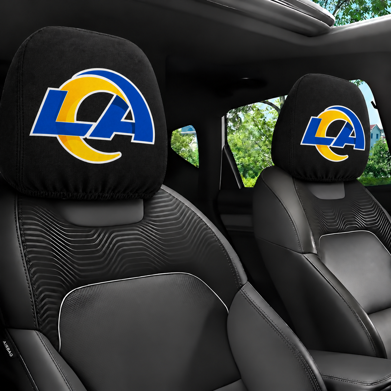 Los Angeles Rams car headrest cover, Style 1 logo design, installed in car