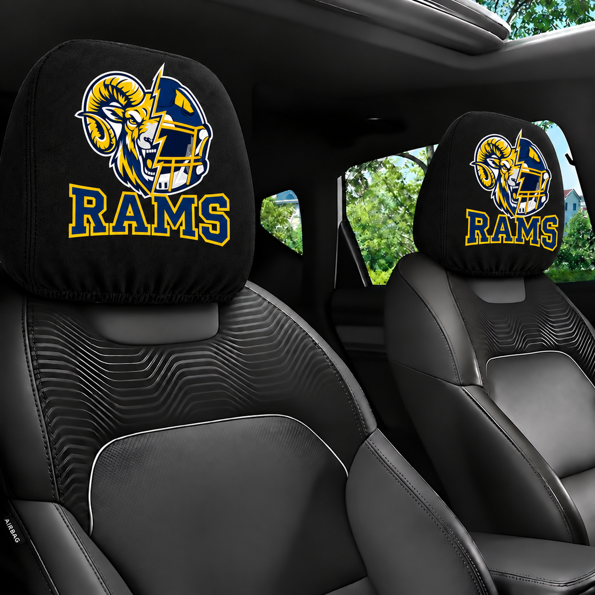 Los Angeles Rams car headrest cover, Style 2 illustrated mascot design, installed in car