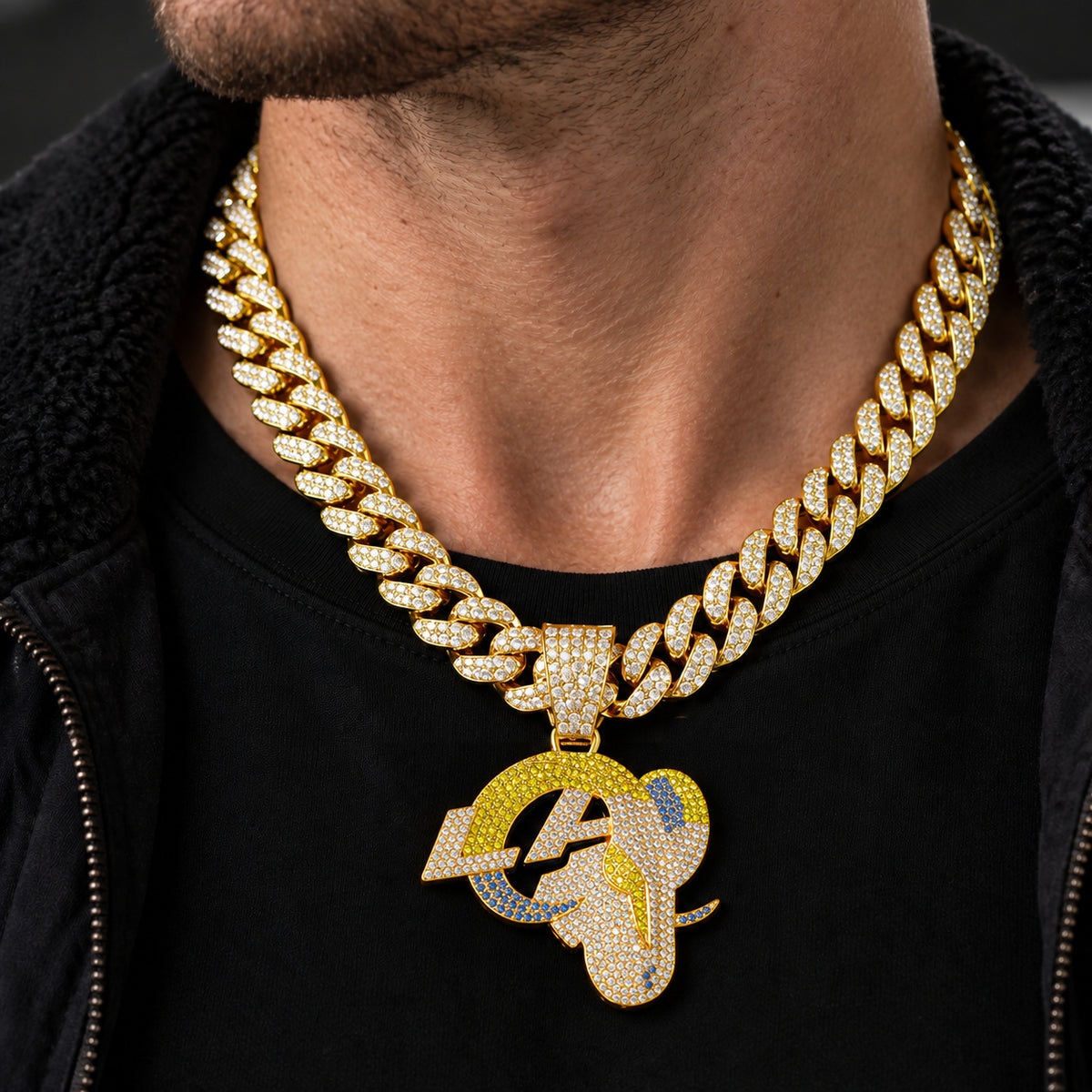 Los Angeles Rams gold-tone rhinestone Cuban-link necklace, worn view