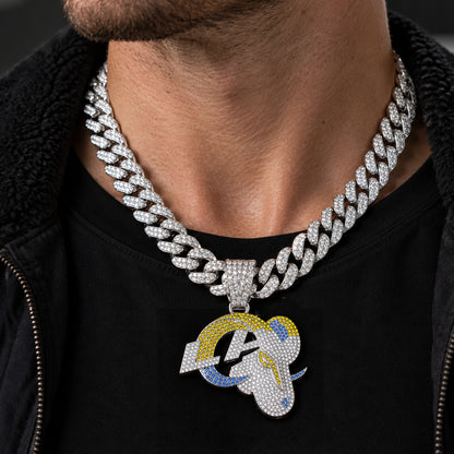 Los Angeles Rams silver-tone rhinestone Cuban-link necklace, worn view
