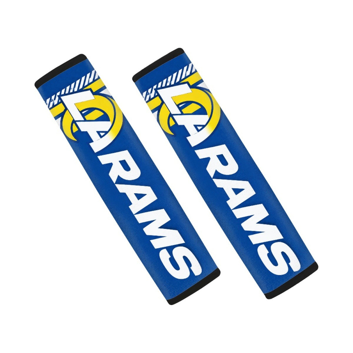Pair of Los Angeles Rams seat belt and backpack shoulder strap covers on a white background