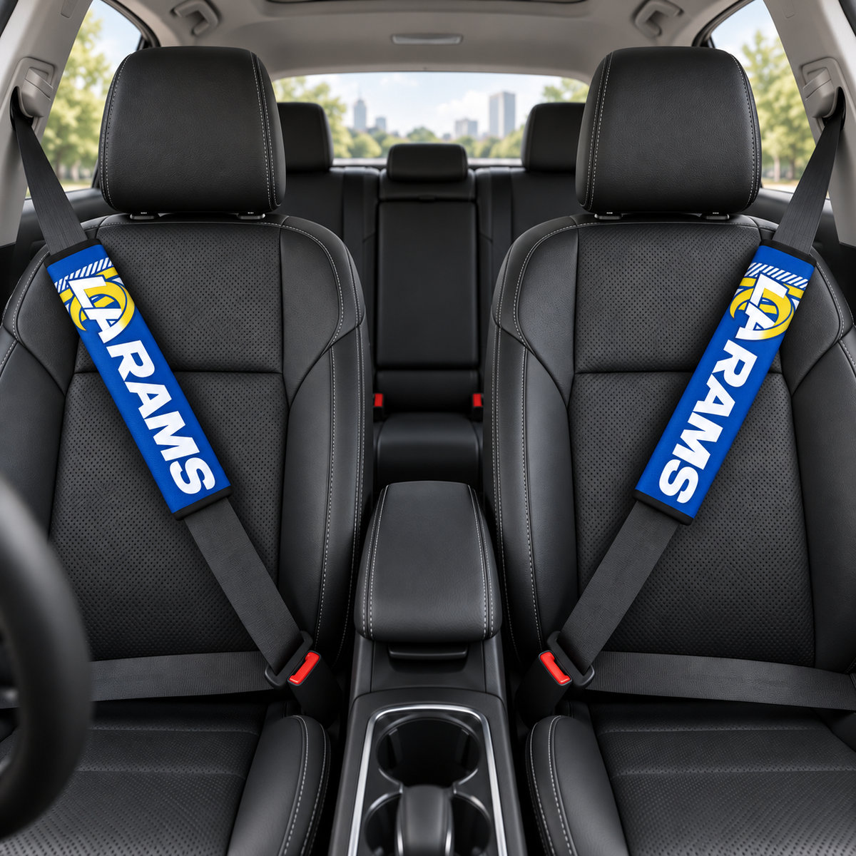 Los Angeles Rams car seat belt covers shown on two front seat belts