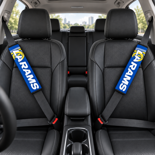 Los Angeles Rams car seat belt covers shown on two front seat belts