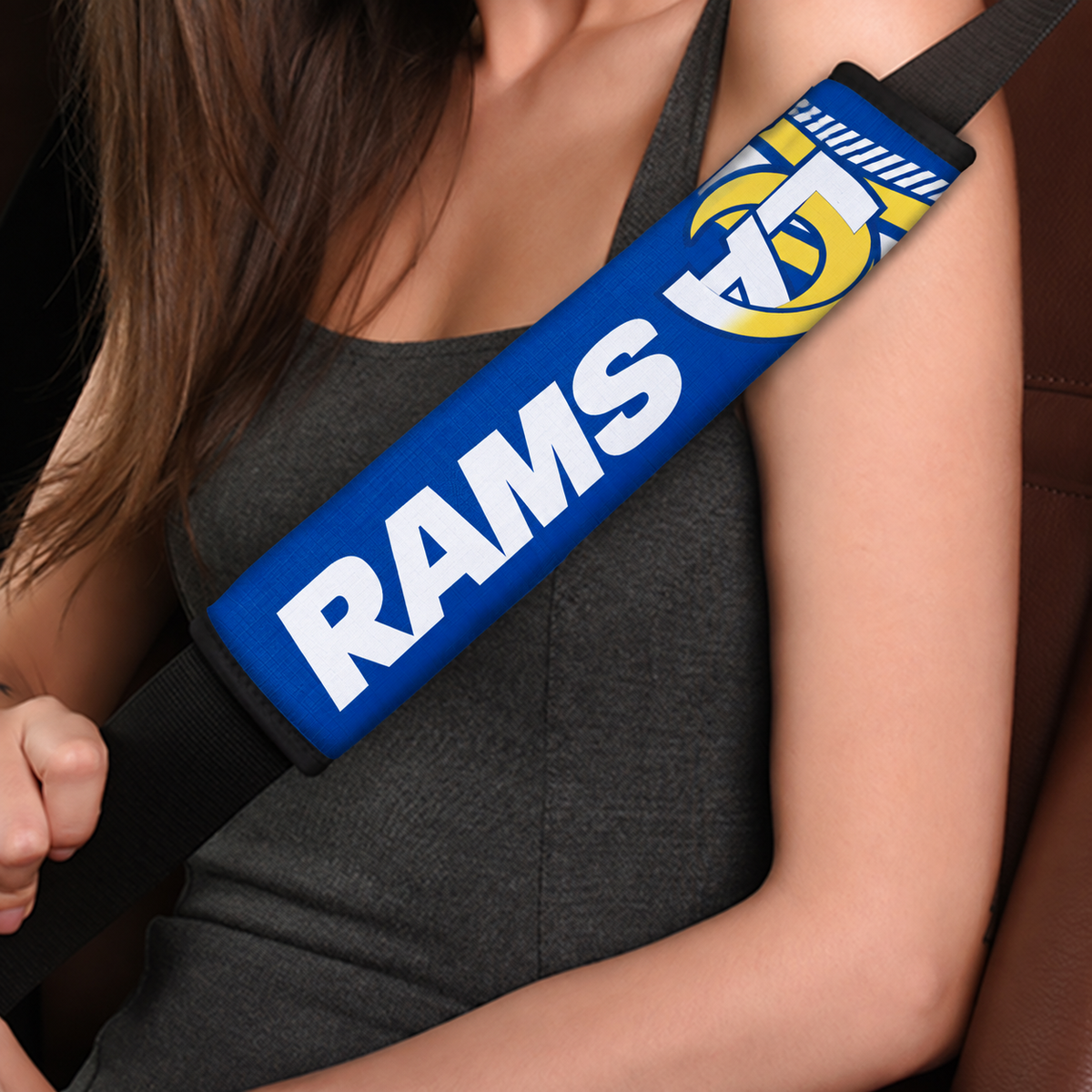 Close-up of Los Angeles Rams shoulder strap cover worn on a car seat belt