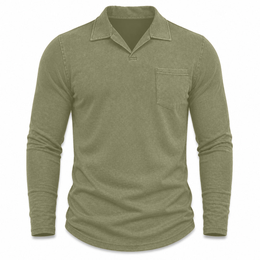 Marlow men's vintage-wash long-sleeve pocket polo shirt in Army Green, model-free front view