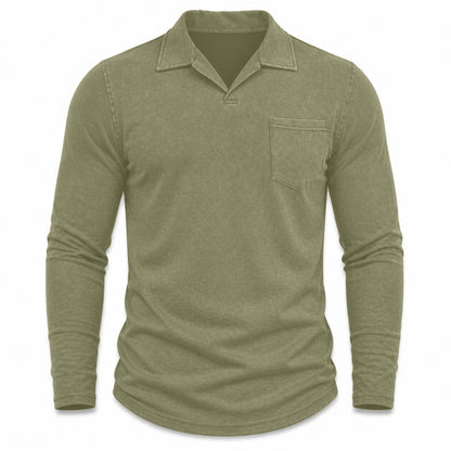 Marlow men's vintage-wash long-sleeve pocket polo shirt in Army Green, model-free front view
